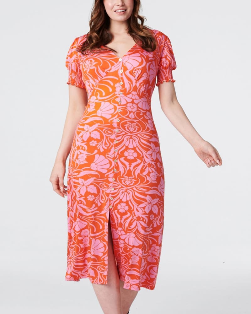 Front of a model wearing a size 3X Paula Bodycon Dress Floral Print Orange in Orange by ANNICK. | dia_product_style_image_id:352522